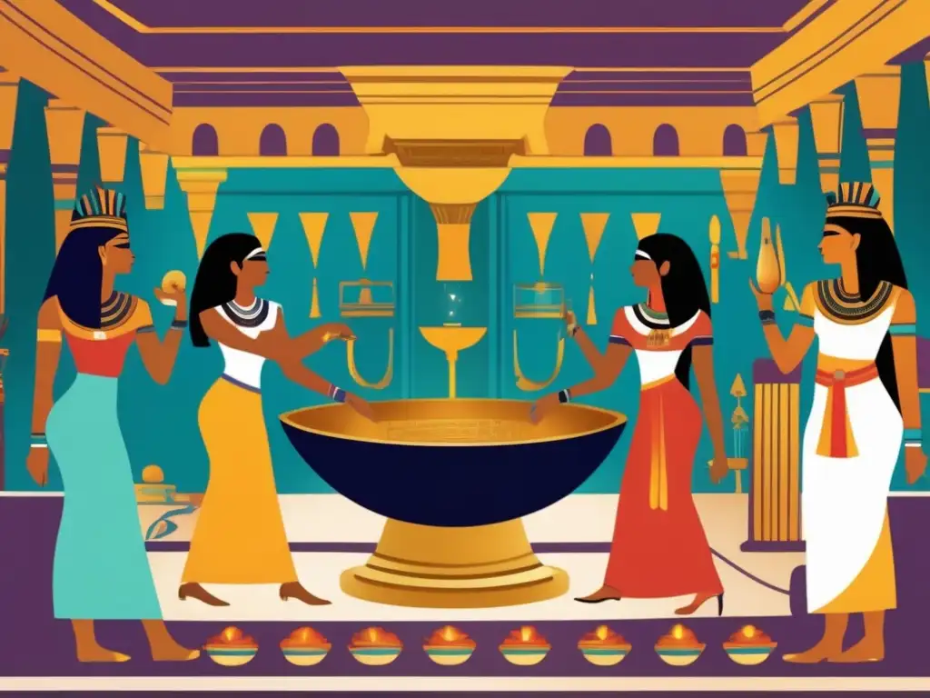 Rituales de belleza en Egipto: mujeres elegantes en el templo de Hathor aplican fragantes aceites y perfumes, resplandeciendo con serena radiancia