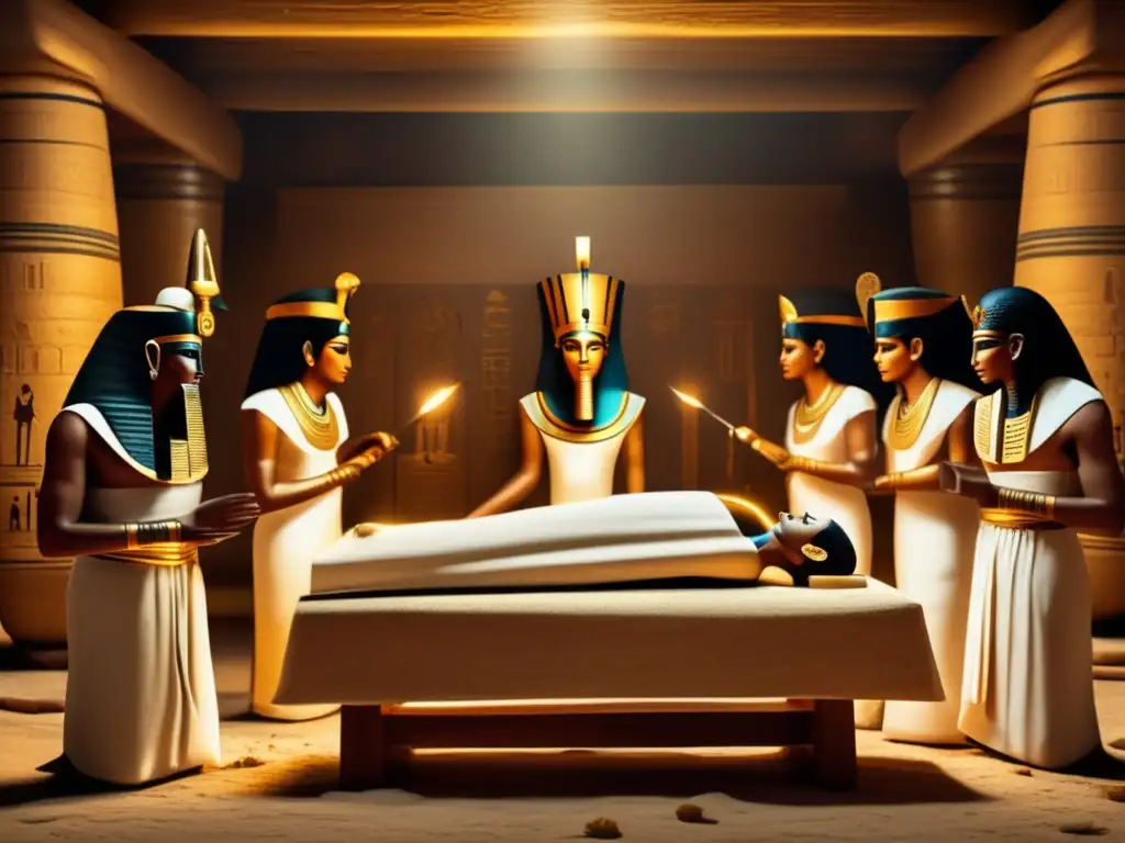 Rituales de mumificación en Egipto: Sacerdotes envuelven cuidadosamente al faraón difunto en vendas de lino, en una cámara iluminada por velas
