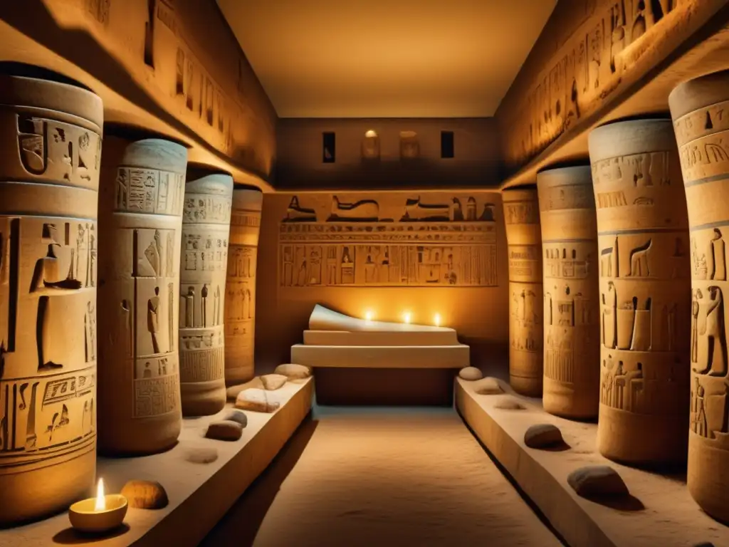 Rituales funerarios en el Antiguo Egipto: Una cámara sepia muestra una tumba adornada con jeroglíficos, máscaras y sarcófagos, envuelta en una atmósfera mística