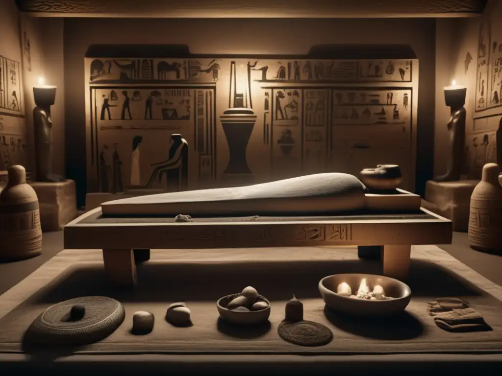 Rituales de mumificación en Egipto: Una imagen detallada en blanco y negro muestra una ceremonia antigua en una cámara iluminada tenue