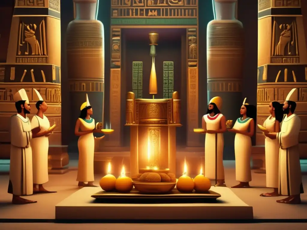 Rituales de ofrenda en el Antiguo Egipto: Escena de un elaborado ritual en un templo con sacerdotes, incienso y valiosos objetos