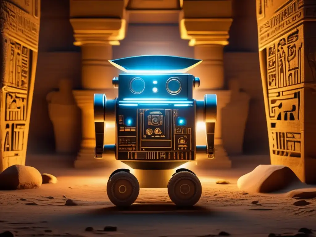 Un robot de exploración robótica en una antigua tumba egipcia, capturando la esencia de la historia con delicadeza y precisión tecnológica