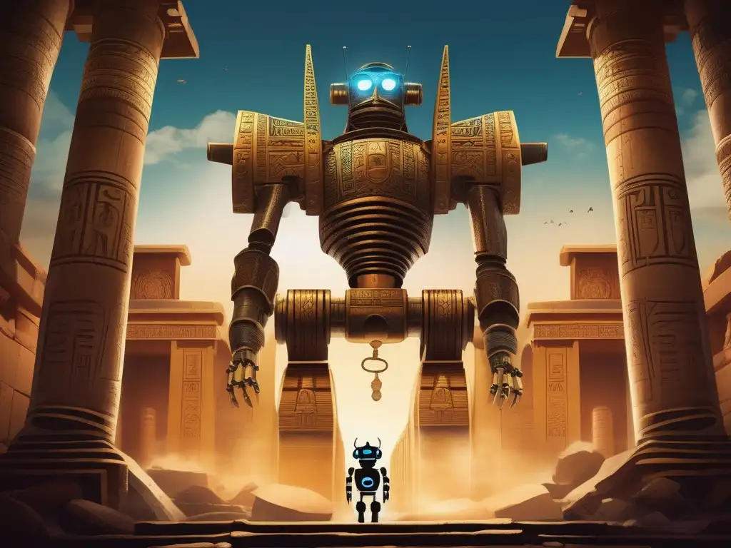 Un robot explorador en ruinas egipcias, con sus brillantes engranajes metálicos, se alza ante una pared llena de jeroglíficos