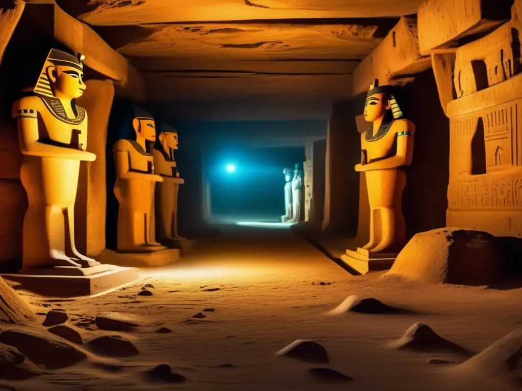 Robots exploradores en ruinas egipcias iluminadas por antiguas lámparas, desenterrando secretos milenarios