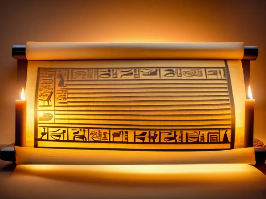 Un rollo de papiro antiguo, iluminado por una vela, revela inscripciones jeroglíficas