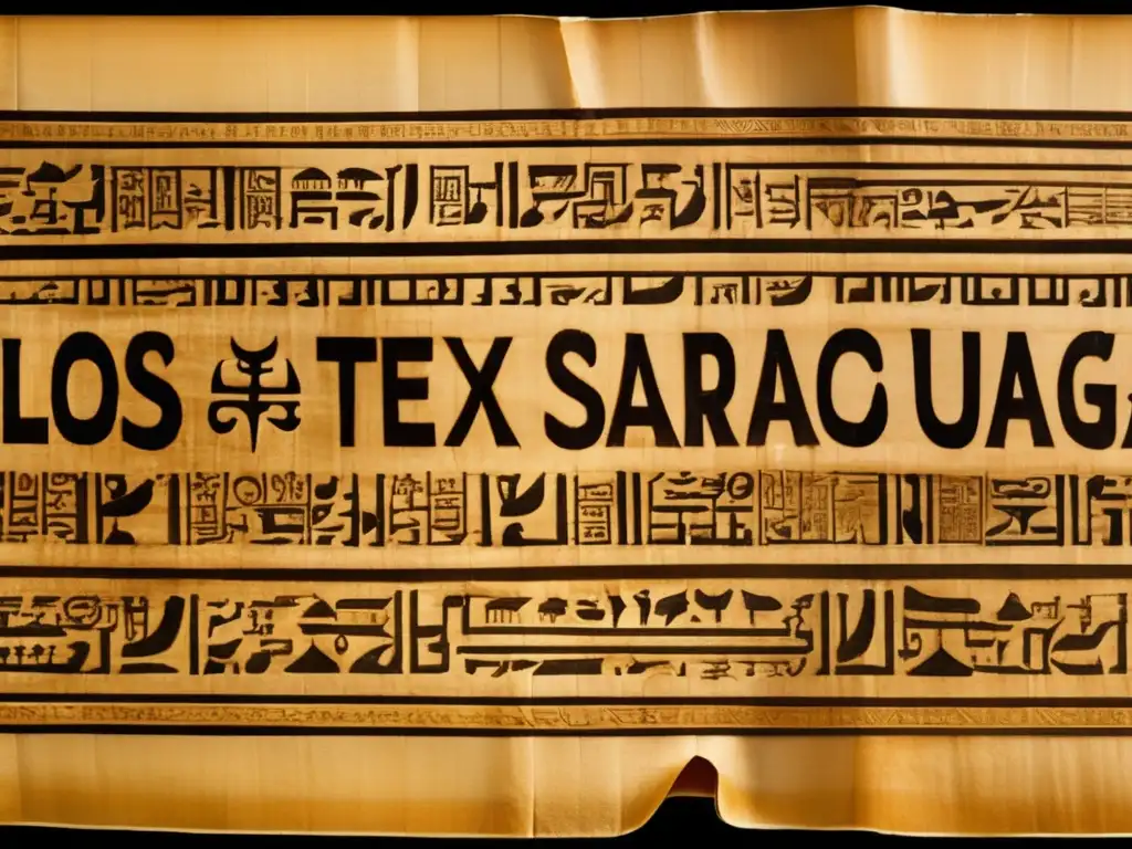 Un rollo de papiro desplegado y adornado con jeroglíficos detallados, evoca la antigua sabiduría egipcia y los hechizos para sobrevivir en el Duat del Antiguo Egipto