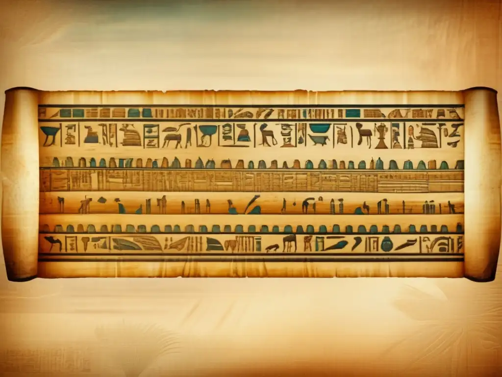 Un rollo de papiro egipcio antiguo, en 8K y estilo vintage, con enseñanzas de Amenemope para rectitud