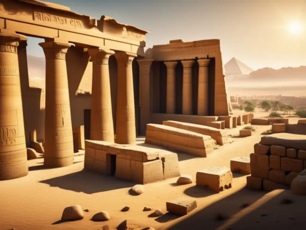 Ruinas de la antigua ciudad de Tebas en Egipto, un paisaje desértico rodea los imponentes templos y estructuras