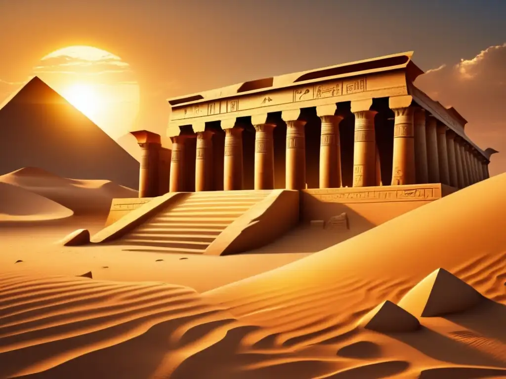 Ruinas de un antiguo templo egipcio rodeado de dunas doradas