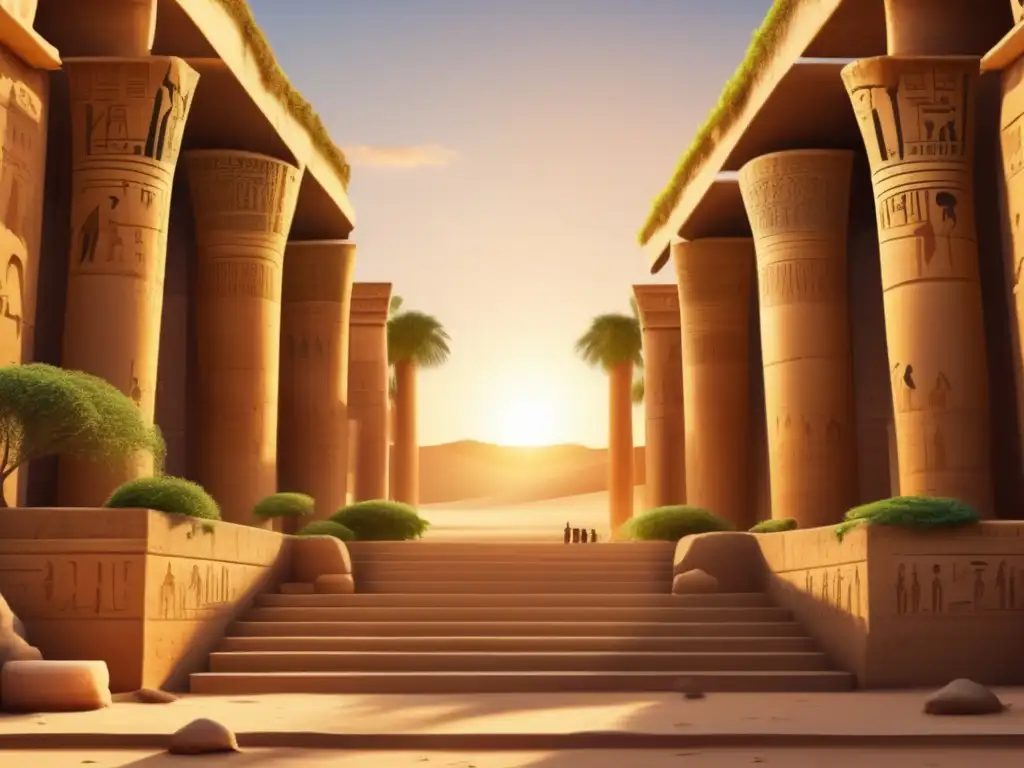 Ruinas de un antiguo templo egipcio contra un atardecer dorado