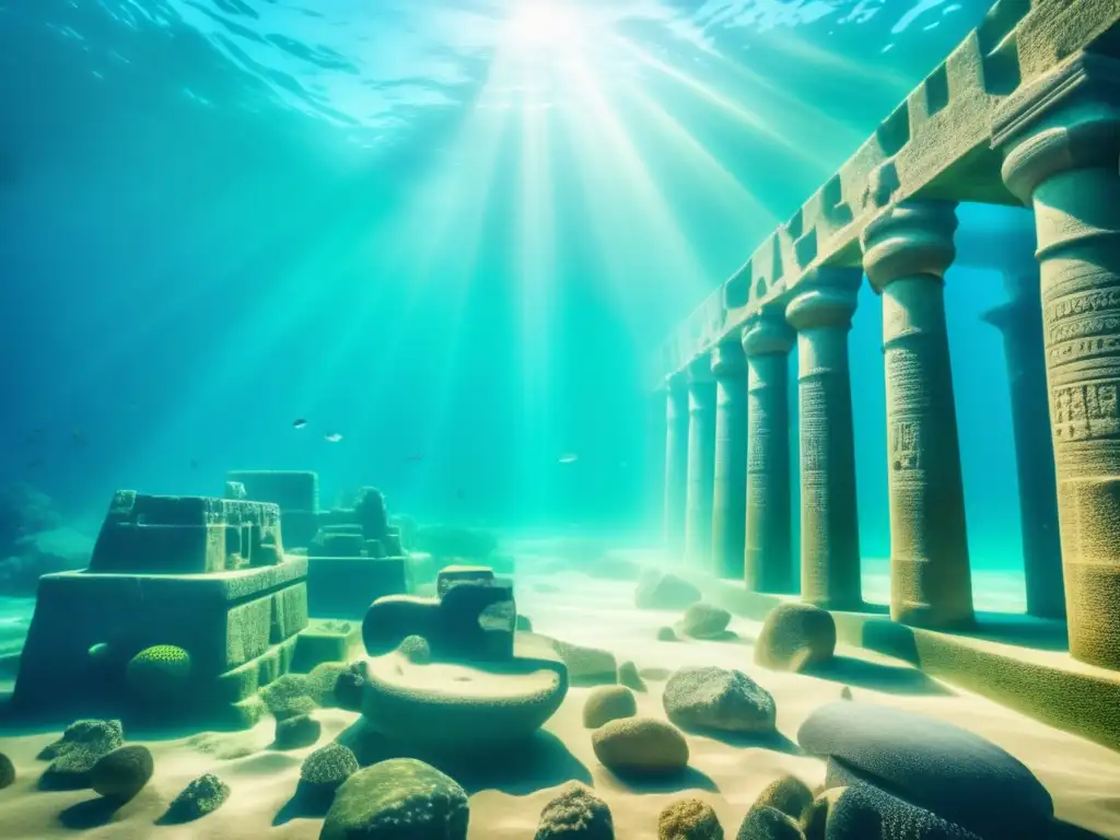 Descubrimiento arqueológico de Heracleion: ruinas sumergidas de una antigua ciudad iluminadas por rayos de sol, rodeadas de coral y vida marina