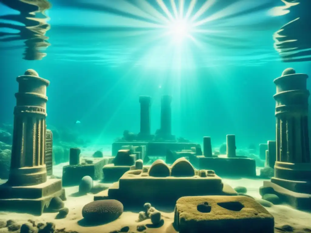 Descubrimiento arqueológico de Heracleion: ruinas sumergidas bajo el mar, con columnas, estatuas y estructuras antiguas, iluminadas por el sol