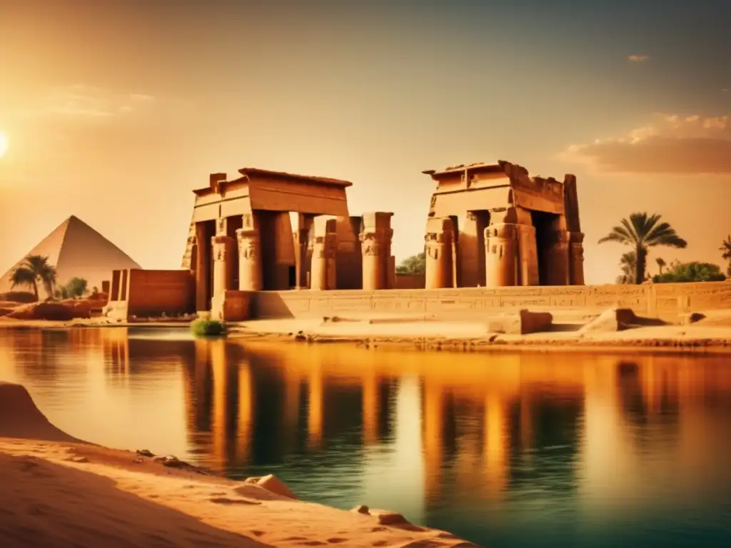 Ruinas del templo de Egipto con el Nilo en el fondo