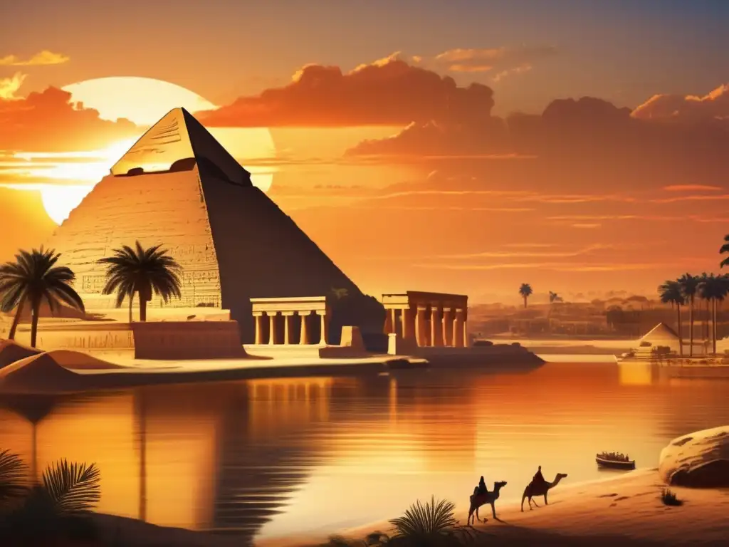 Ruinas de templos egipcios antiguos con influencia extranjera en el Tercer Periodo, iluminados por un atardecer impresionante sobre el Nilo