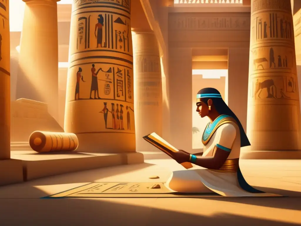 Un sabio escriba en el Antiguo Egipto descifra jeroglíficos en un templo majestuoso, bañado por la cálida luz dorada