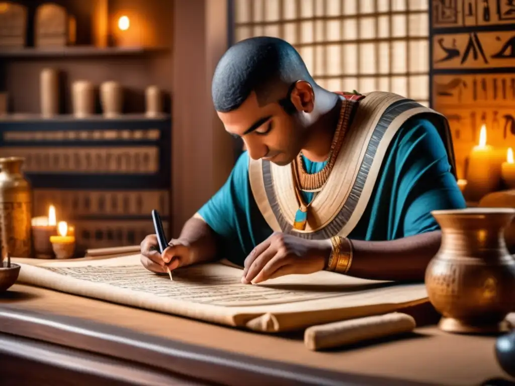 Un sacerdote egipcio antiguo se concentra en su caligrafía y pintura egipcia antigua en una habitación iluminada con motivos jeroglíficos