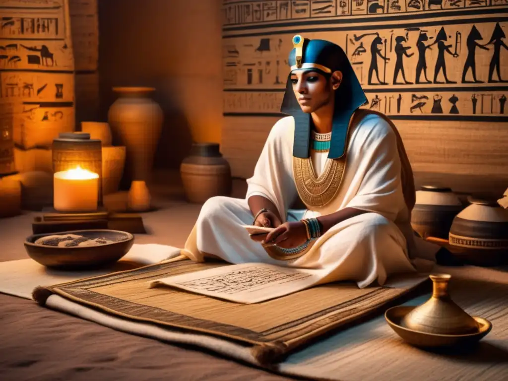 Un sacerdote egipcio antiguo escribe diligentemente en un cuarto iluminado por tenues rayos de sol, rodeado de pergaminos y materiales de escritura