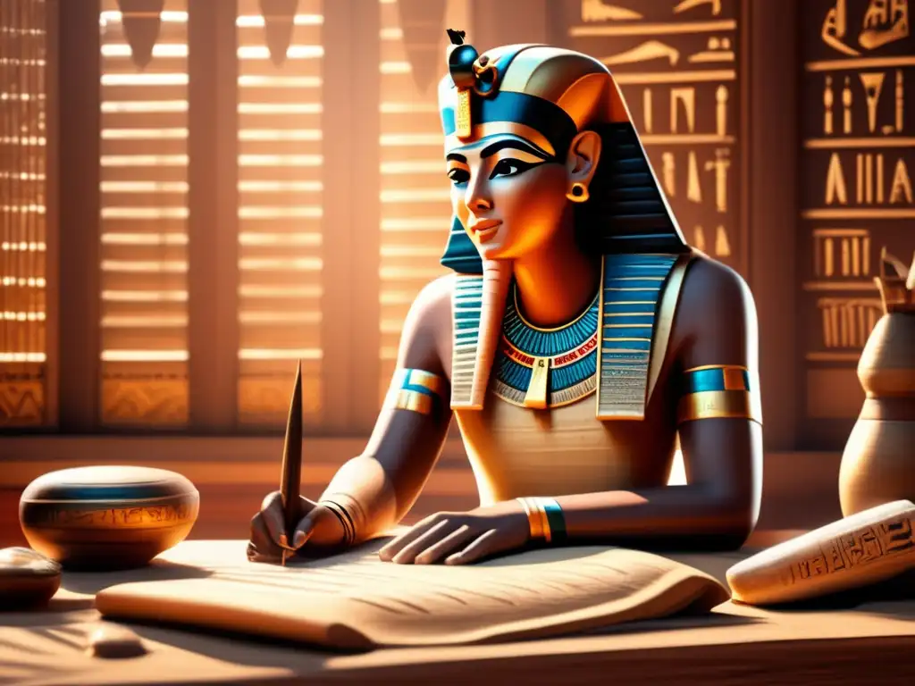 Un sacerdote egipcio antiguo, meticuloso y concentrado, interpreta textos antiguos egipcios entre papiros y herramientas de escritura