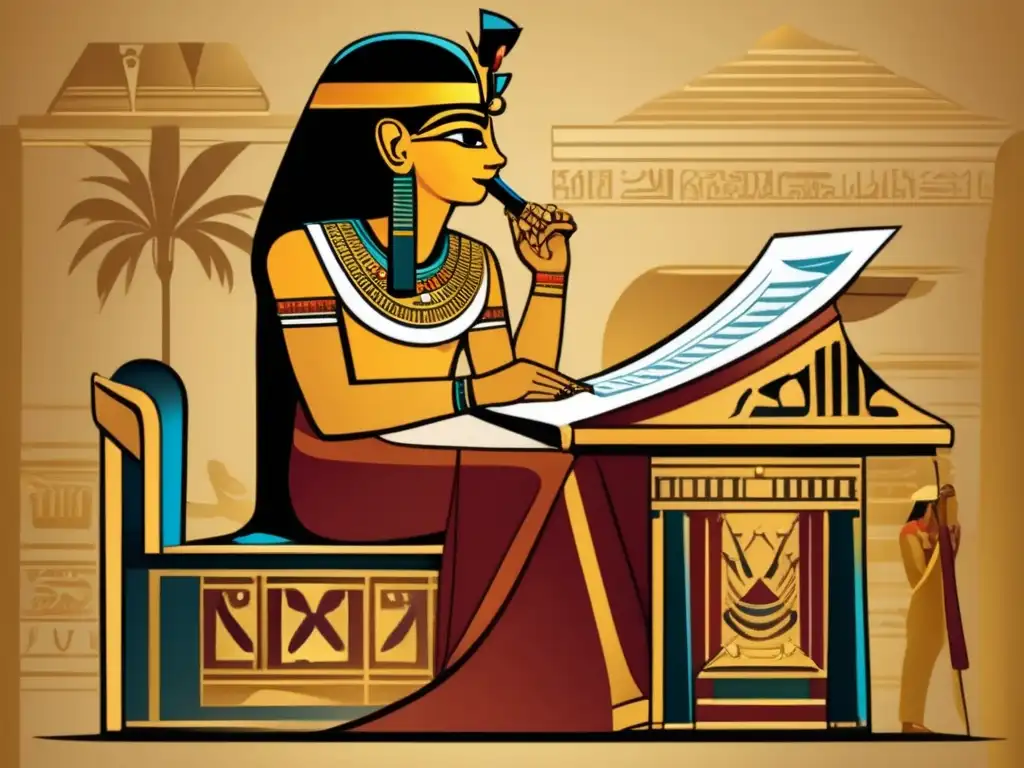 Un sacerdote egipcio, ataviado con joyas de oro, escribe jeroglíficos en un antiguo rollo de papiro