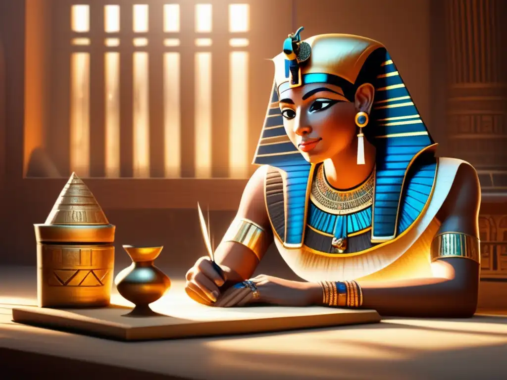 Un sacerdote egipcio del Egipto tardío, meticulosamente escribiendo en un papiro con pluma de ave, en una habitación iluminada por rayos de sol