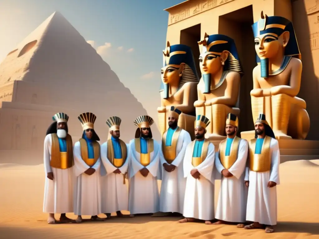Sacerdotes en la sociedad egipcia: Antiguos sacerdotes egipcios en atuendos tradicionales, frente a un magnífico templo