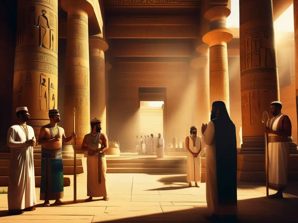 Sacerdotes en la sociedad egipcia: Una imagen vintage en un templo, con sacerdotes en rituales sagrados rodeados de jeroglíficos y artefactos antiguos