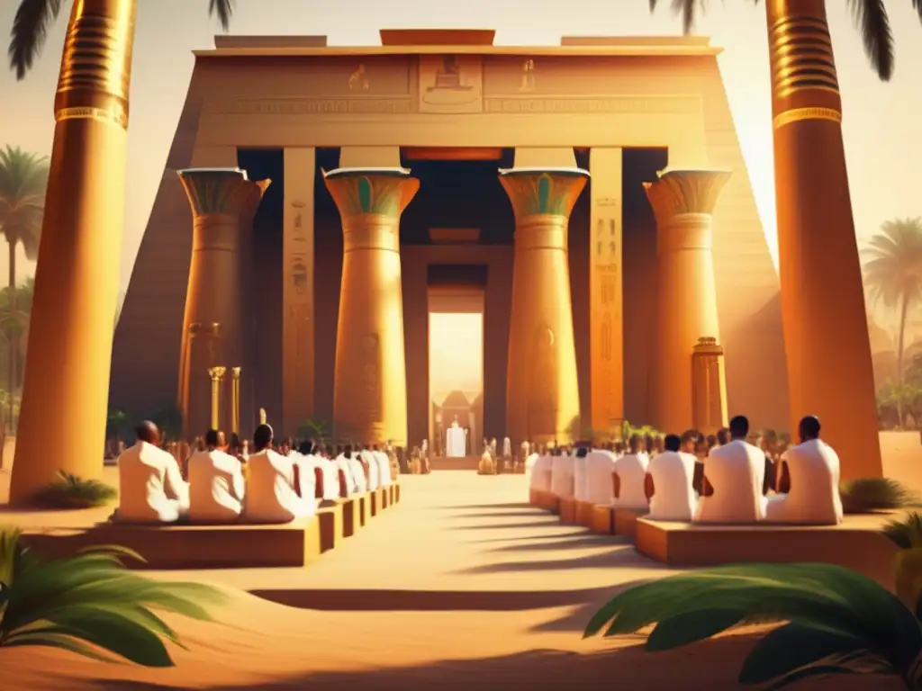 Sacerdotes en la sociedad egipcia: Un místico templo egipcio bañado en luz dorada, con columnas adornadas de jeroglíficos