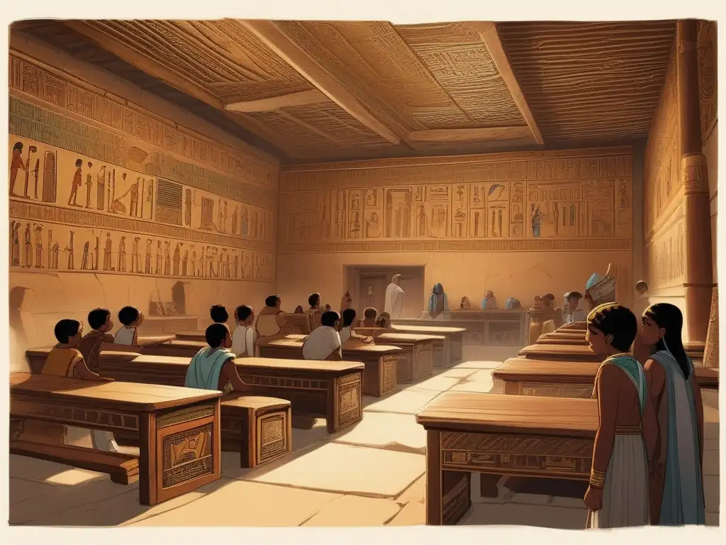 Una sala de clases en el Antiguo Egipto, con estudiantes de diferentes clases sociales inmersos en sus estudios