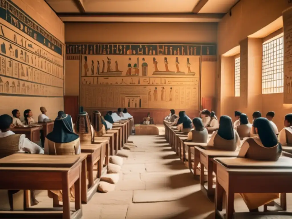 Una sala de clases en el Antiguo Egipto, llena de estudiantes atentos en escritorios de madera