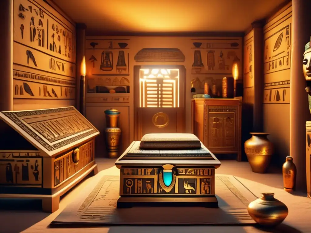 Una sala egipcia antigua llena de tesoros y pertenencias personales