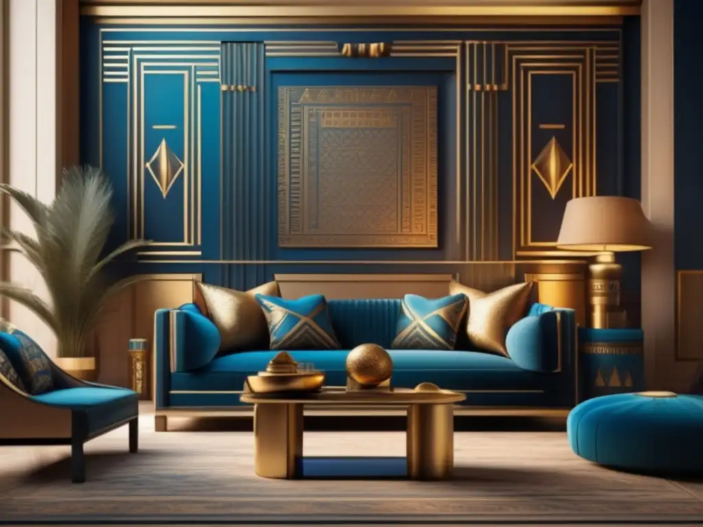 Una sala de estar moderna con decoración egipcia inspirada en el antiguo Egipto
