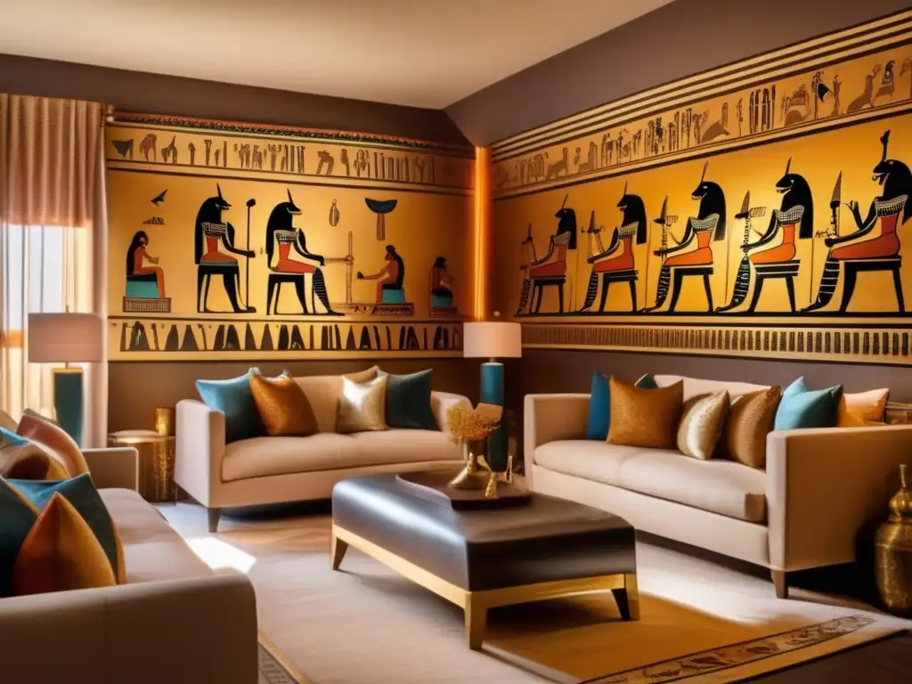 Un salón bellamente diseñado con inspiración decorativa del Antiguo Egipto