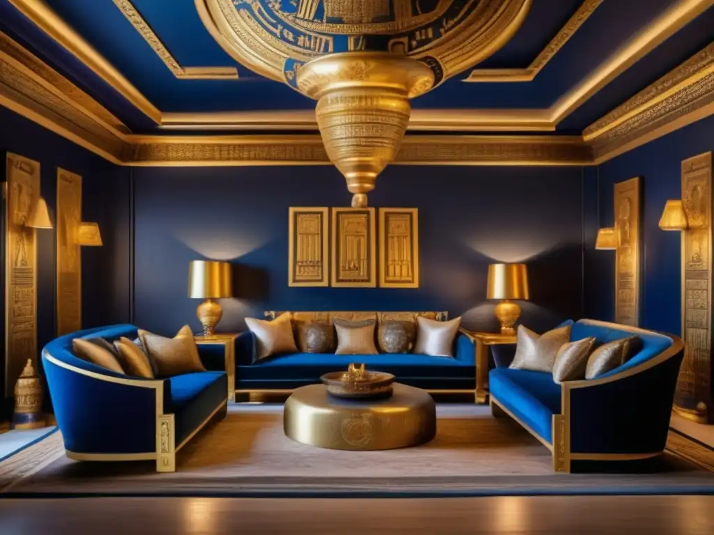 Un salón vintage egipcio detallado con tonos dorados y azules profundos