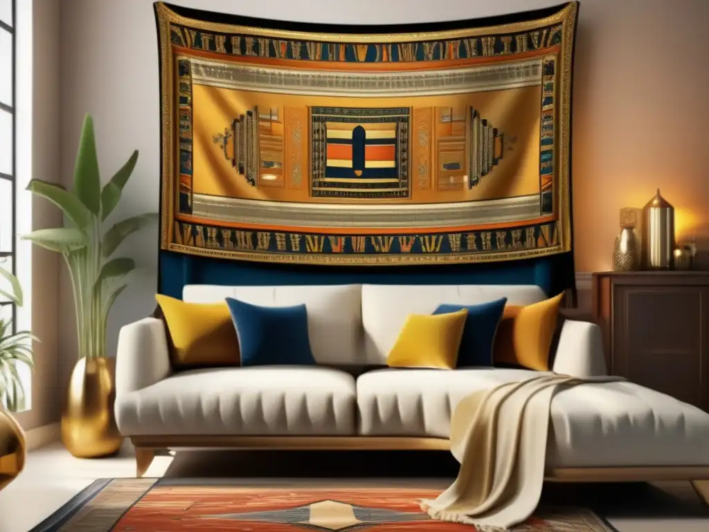 Un salón lujoso, enriquecido por tapices y alfombras egipcias, bañado en cálida luz dorada