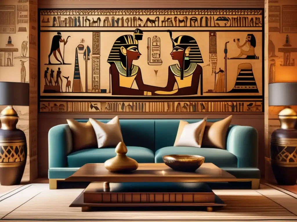 Un salón temático egipcio de inspiración vintage con detalles antiguos y cálida iluminación, perfecto para estilos de decoración egipcia moderna