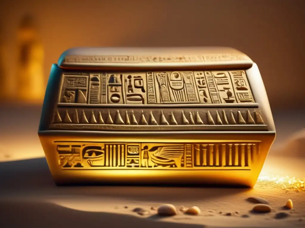 Un sarcófago antiguo, adornado con intrincados jeroglíficos y símbolos, iluminado por una suave luz dorada