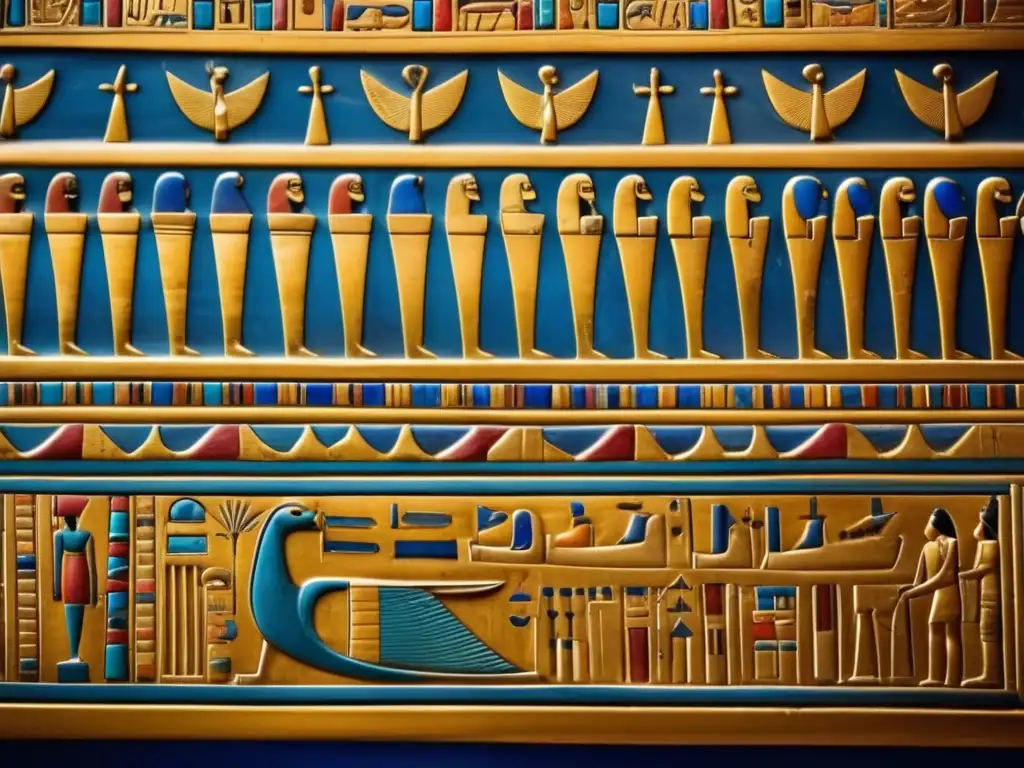 Un sarcófago del antiguo Egipto, con intrincadas inscripciones y colores vibrantes
