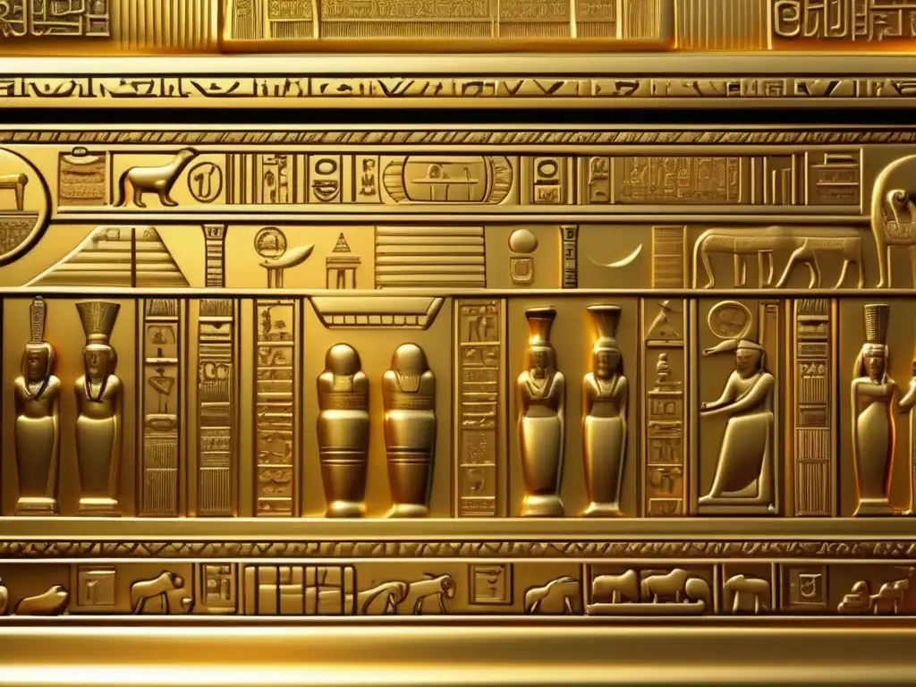 Un sarcófago dorado detalladamente decorado con jeroglíficos y símbolos egipcios antiguos