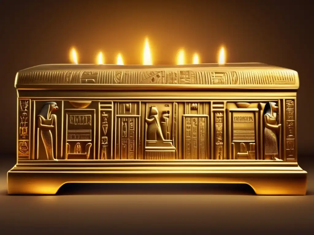 Un sarcófago dorado de Tanis, Egipto, con intrincadas jeroglíficos y tallados