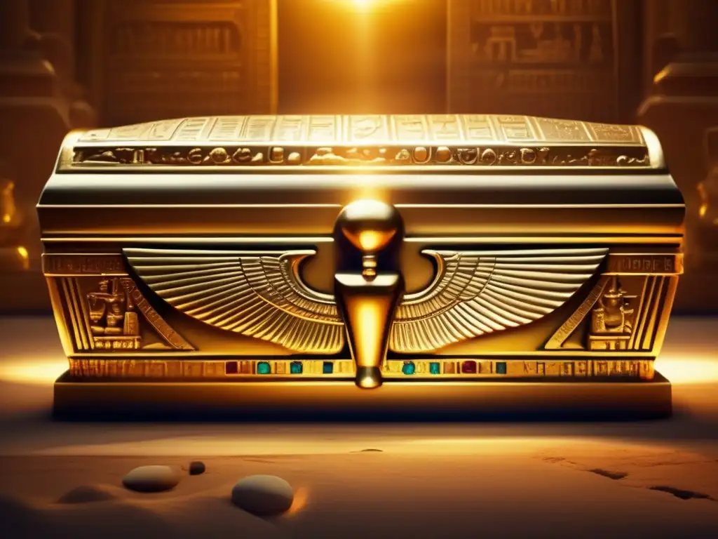 Un sarcófago dorado y ornamentado, rodeado de tesoros egipcios antiguos