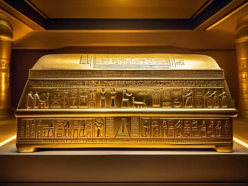 El sarcófago dorado del Faraón Psusennes I, rodeado de tesoros y símbolos egipcios, brilla en la penumbra de una tumba majestuosa