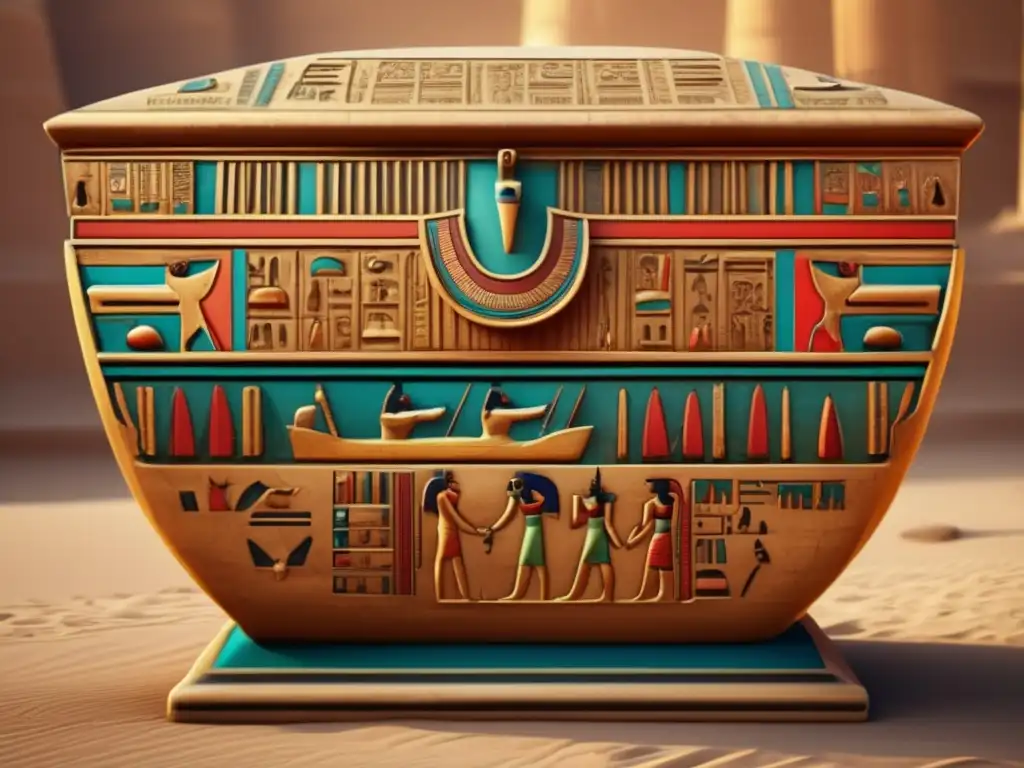 Un sarcófago egipcio antiguo, ricamente adornado con jeroglíficos y colores vibrantes