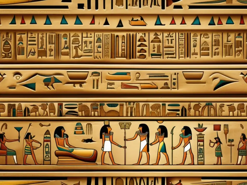 Un sarcófago egipcio antiguo, adornado con jeroglíficos y símbolos místicos