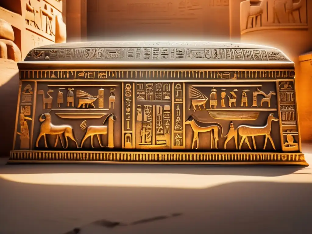 Una sarcófago egipcio antiguo, detallado y adornado con jeroglíficos e intrincados grabados, destaca en el centro
