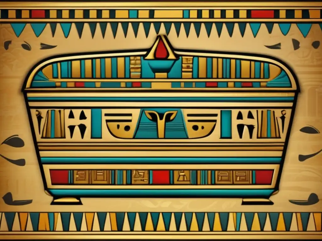 Un sarcófago egipcio antiguo con jeroglíficos y símbolos detallados, muestra la opulencia y grandeza de los faraones