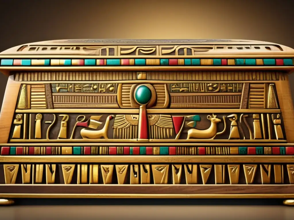 Un sarcófago egipcio antiguo de madera, tallado con jeroglíficos y adornado con oro y gemas preciosas