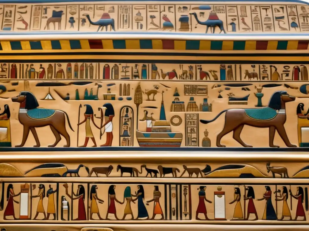 Un sarcófago egipcio antiguo bellamente preservado, con intrincados jeroglíficos y símbolos que representan el viaje del difunto al más allá