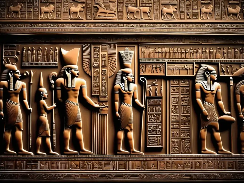 Sarcófago egipcio antiguo tallado en madera oscura con intrincados jeroglíficos y escenas de la mitología egipcia