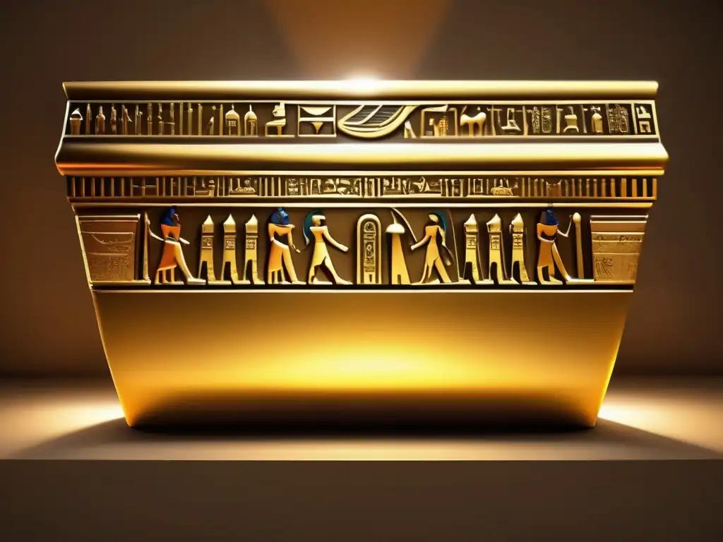 Un sarcófago egipcio dorado, adornado con intrincadas jeroglíficos, brilla en una cámara tenue