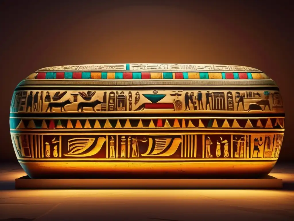 Una sarcófago egipcio bellamente preservado, decorado con jeroglíficos intrincados y colores vibrantes